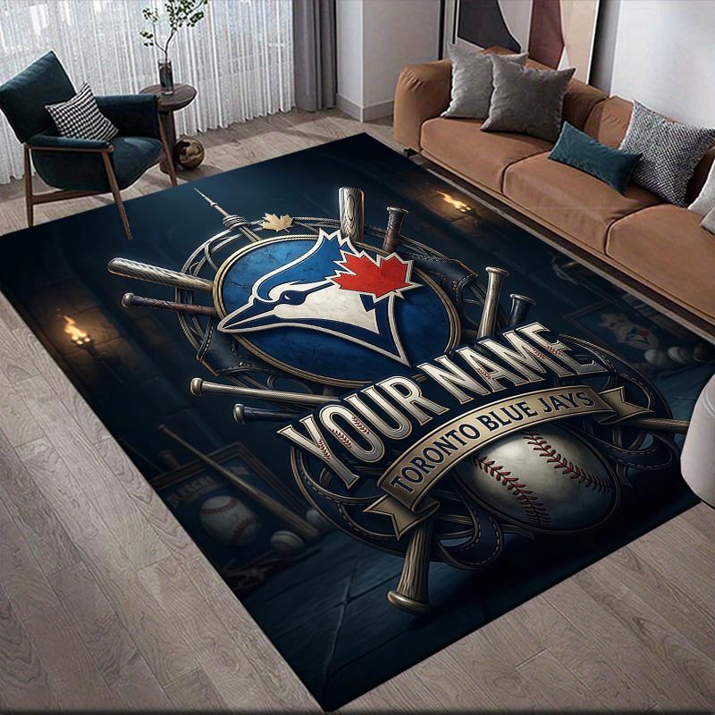 Custom Name Toronto Blue Jays Flannel Pattern Square Carpet,Area Rug,Carpet Rug for Living Room Bedroom Sofa Playroom Decor,Non-slip Floor Mat