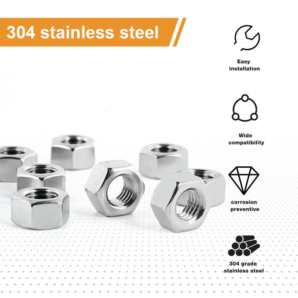 66 шт. шестигранных гаек M4 M5 M6 M8 M10 M12, метрические, нержавеющая сталь 304, 6 размеров, шестигранные гайки с крупной резьбой