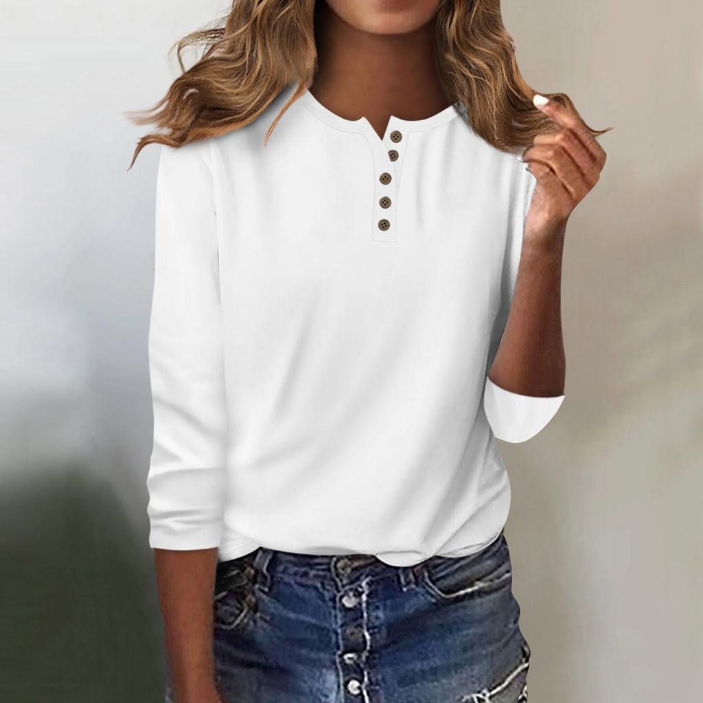 Women's Fashion Casual Round Neck 3/4 Sleeve Loose Solid Color Button T-Shirt Ladies Top
