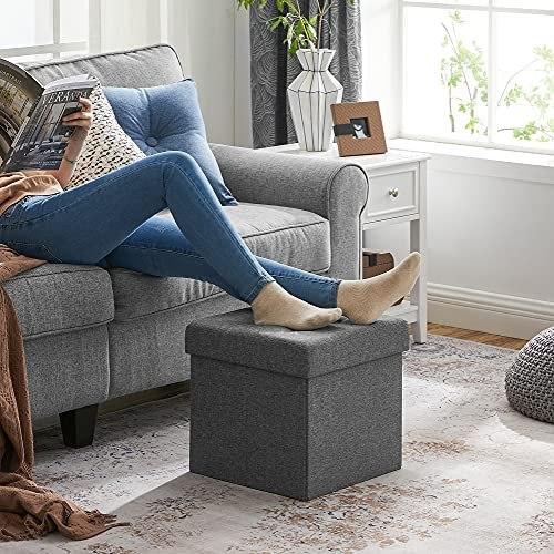 Foldable Storage Footrest Stool Ottoman and Linen Fabric Dark Gray 38 X 38 X 38 Cm