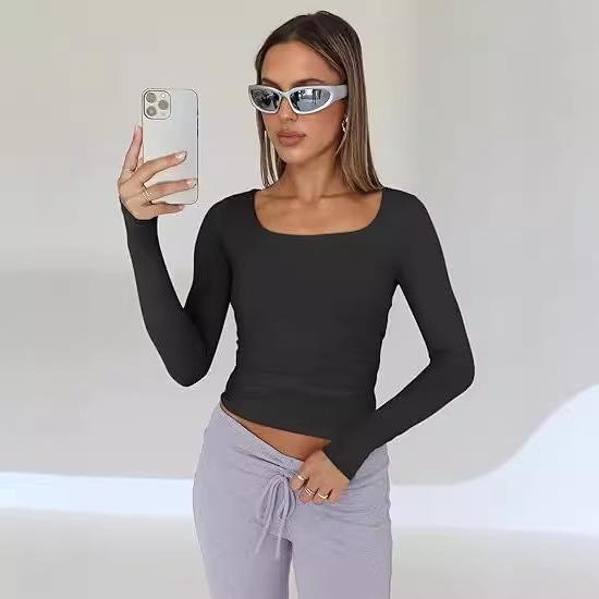 Женская однотонная приталенная футболка с длинными рукавами и квадратным воротником — европейский и американский стиль
