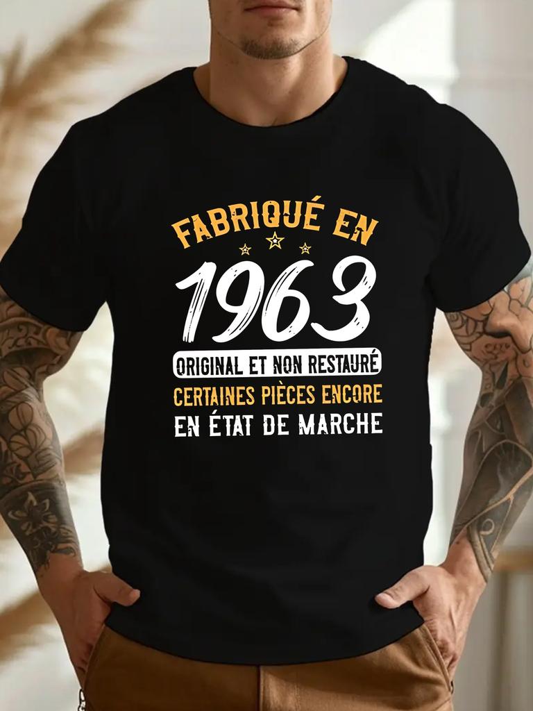Plus Size Men'S Casual T-Shirt with "FABRIQUE EN 1963" Graphic - Geometric Pattern, Light Stretch Fabric, Short Sleeve, Round Neck, Summer Style, Casu