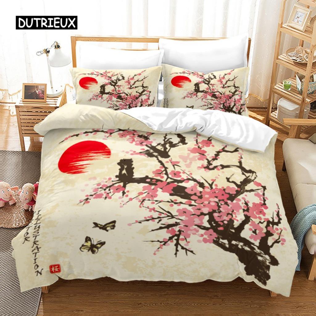 Duvet Cover Pink Sakura Plum Blossom Bamboo Bedding Set Fashion Art Duvet Cover Japanese Tokyo Style For Women Kids Room Decor