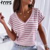 Женские модные повседневные летние весенние блузки и рубашки с v-образным вырезом и короткими рукавами в полоску с принтом
