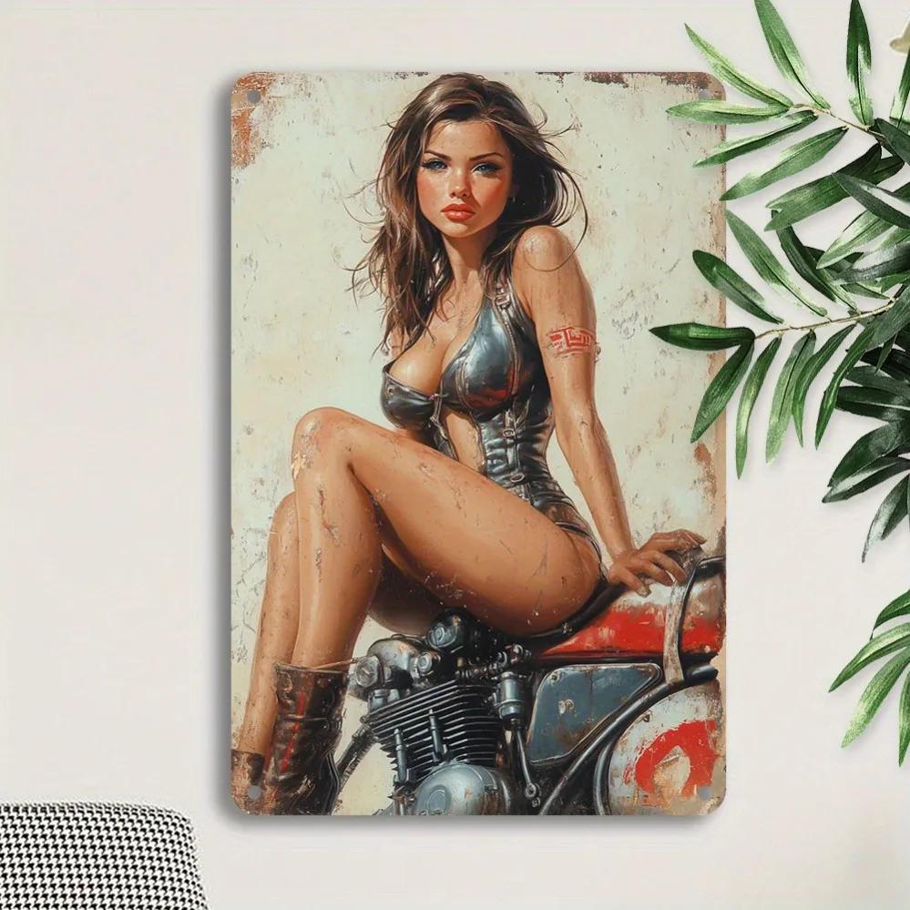 Металлическая табличка Hisun HD Металлическая жестяная табличка Винтажная Pin-Up Девушка на Мотоцикле Ретро Металлический Постер Байкерская Тематика Настенное Искусство Декор для Гаража Бара Мужской Уголок Wa