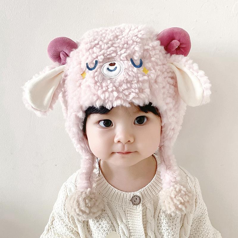 Baby hat autumn and winter cute little cashmere ear protection hat warm boy and girl baby pullover hat windproof infant and toddler