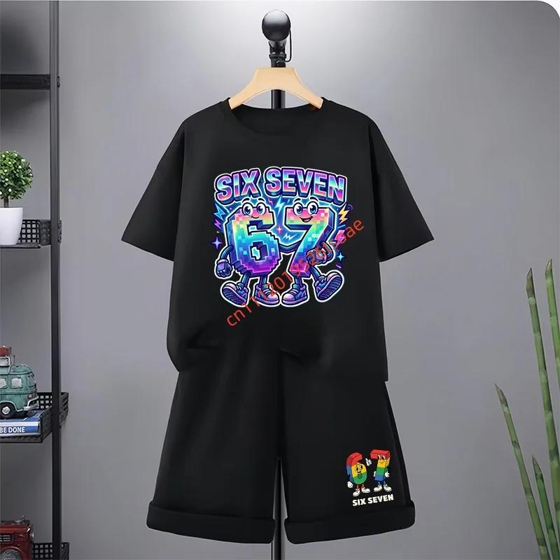 67 Детская футболка 3-12 лет Летняя с принтом Six Seven С коротким рукавом Милая Забавная Модная Для мальчиков и девочек Малыш Топ+Шорты Комплект из 2 предметов Повседневный