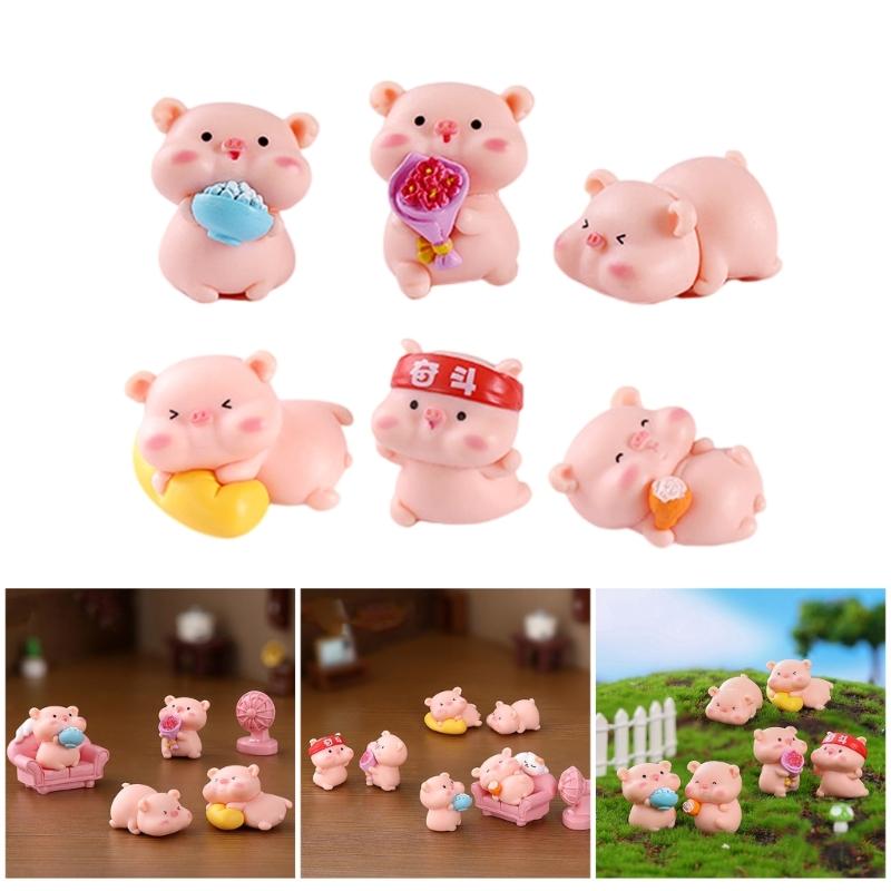 6Pieces Pink Pig Dolls Cartoon Animal Miniature Figurines for Car Rear View Mirror and Home Office Desktop Shelf Decors