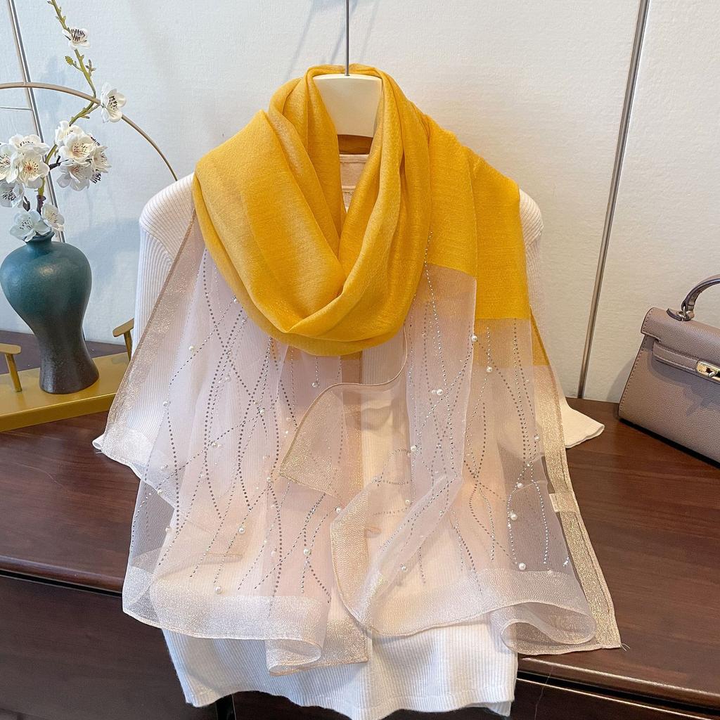 New Fashion and Versatile Solid Color Ethnic Style Veil Scarf Scarf for Women Wavy Pattern Artificial Diamond Iron Scarf for Women