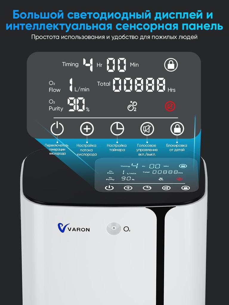 VARON Кислородный концентратор, Кислородный аппарат для дома, Портативный кислородный концентратор, 1-6 л/мин, ≤45 дБ, Бесшумный