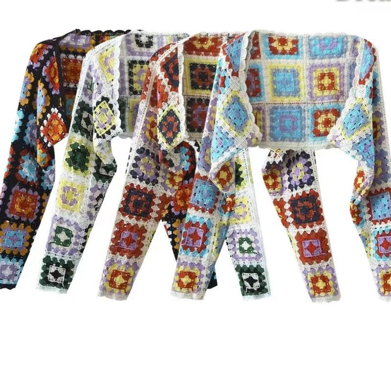 Винтажный красочный ажурный вязаный кардиган с длинными рукавами, женский осенний кардиган, короткие шикарные топы