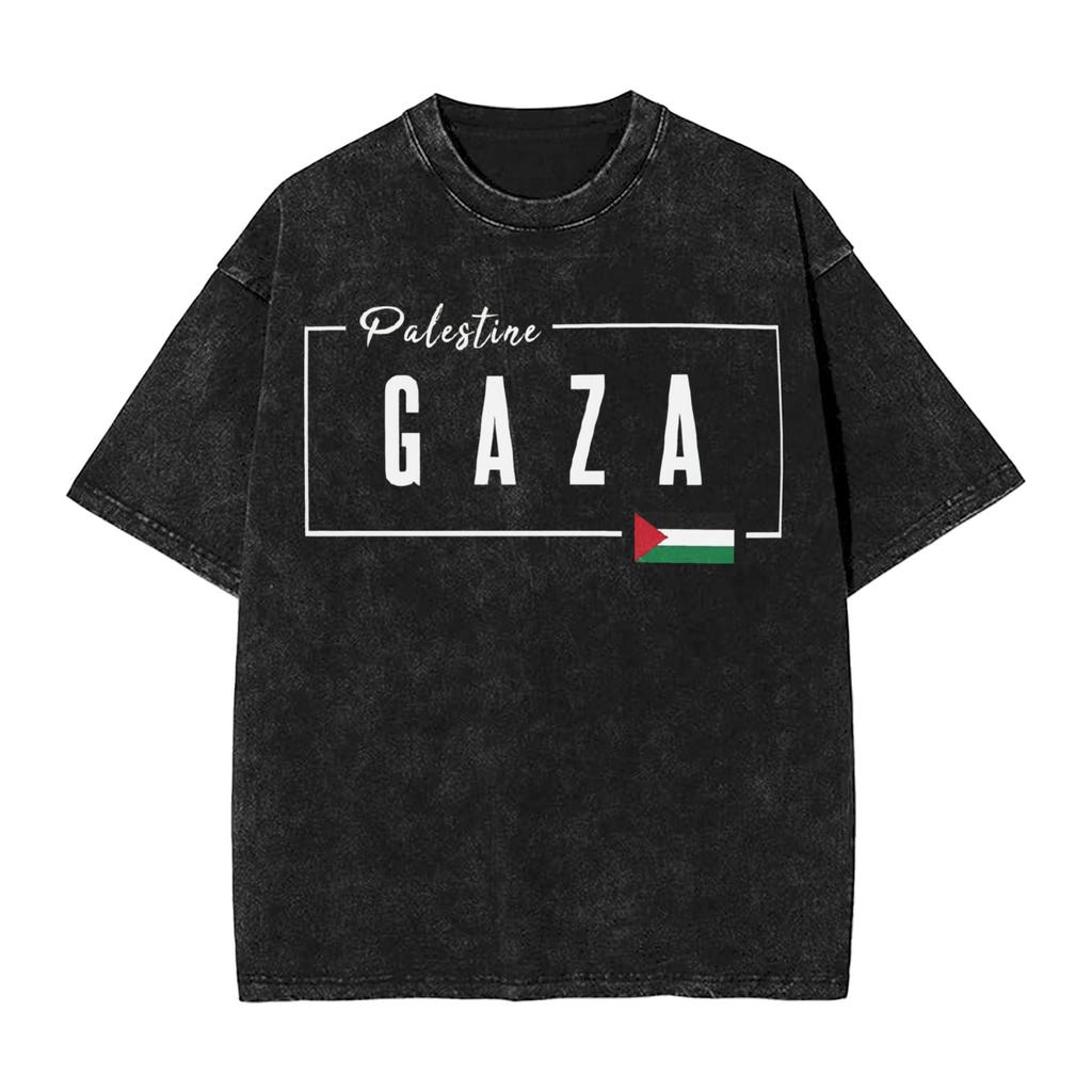 Funny Gaza Palestine Flag T-Shirt Men Round Neck Cotton Washed T Shirt Short Sleeve Tees Party Clothing