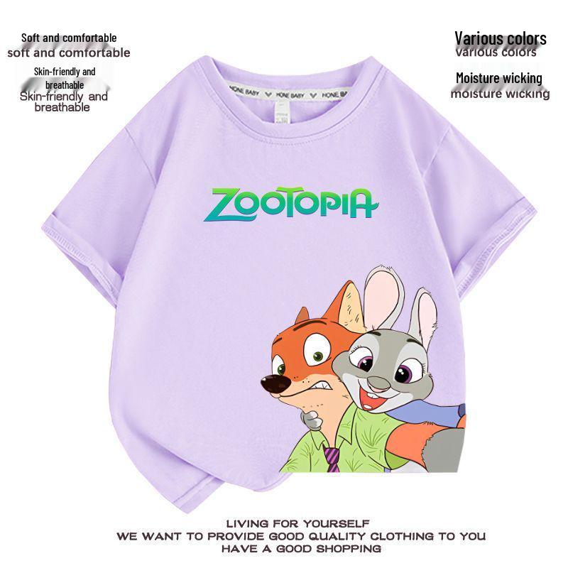 Детская футболка Zootopia с мультяшным принтом - Короткий рукав, 100% хлопок, Стильный летний топ для мальчиков и девочек