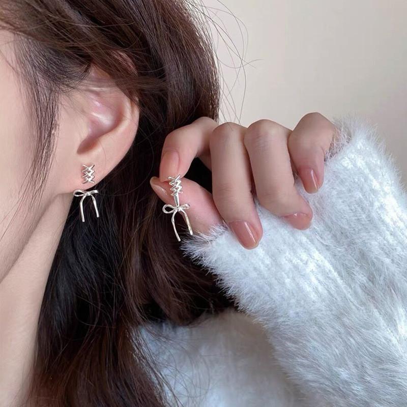 Elegant Bow Silver Earings for Women Twist Stud Earring Piercing Accessories Jewelry