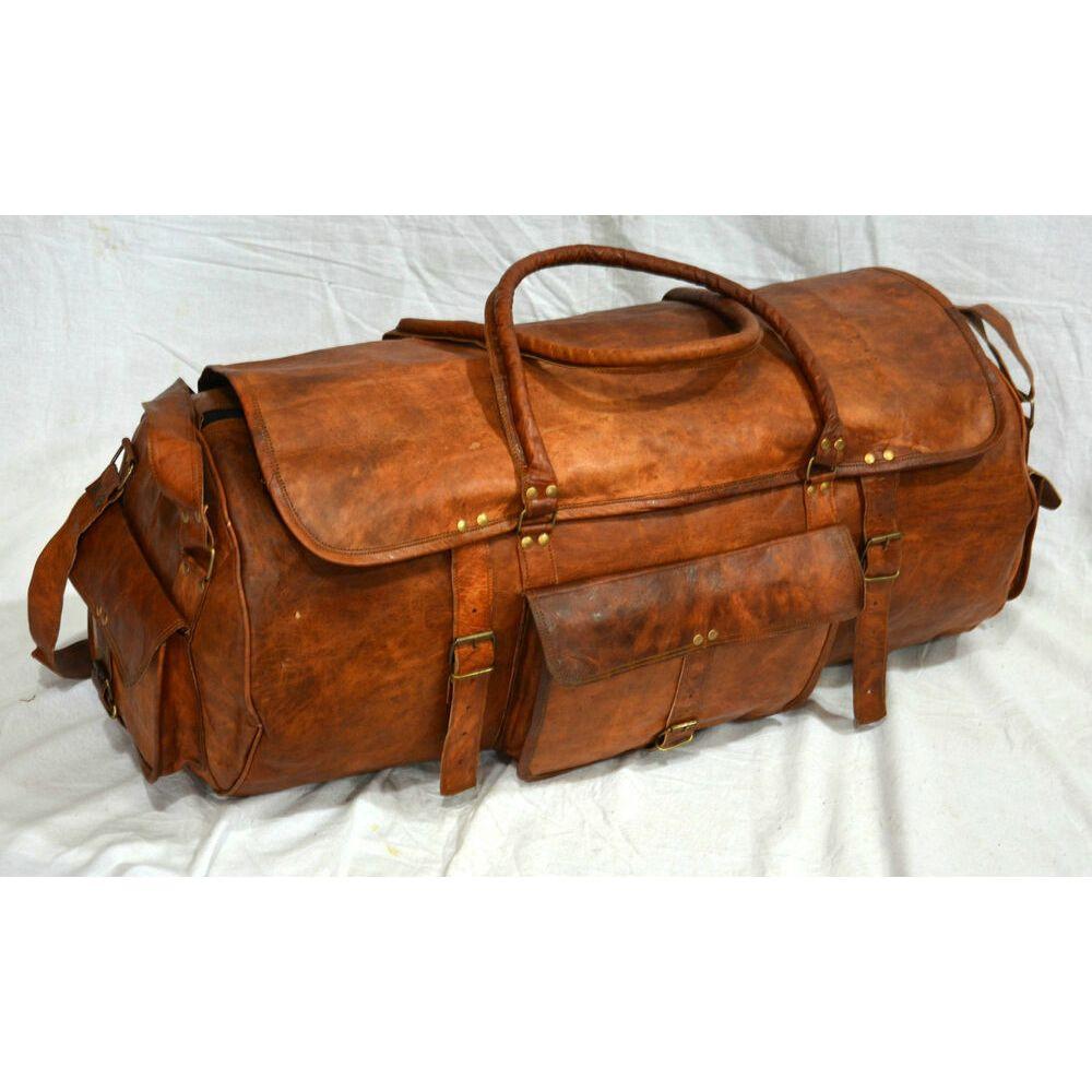 Goat Leather Travel Men Bag Gym Luggage Duffel Genuine Brown Vintage