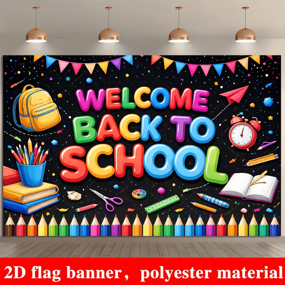 Back to School Welcome Banner Backdrop Backpack Stationery Books Campus Theme
