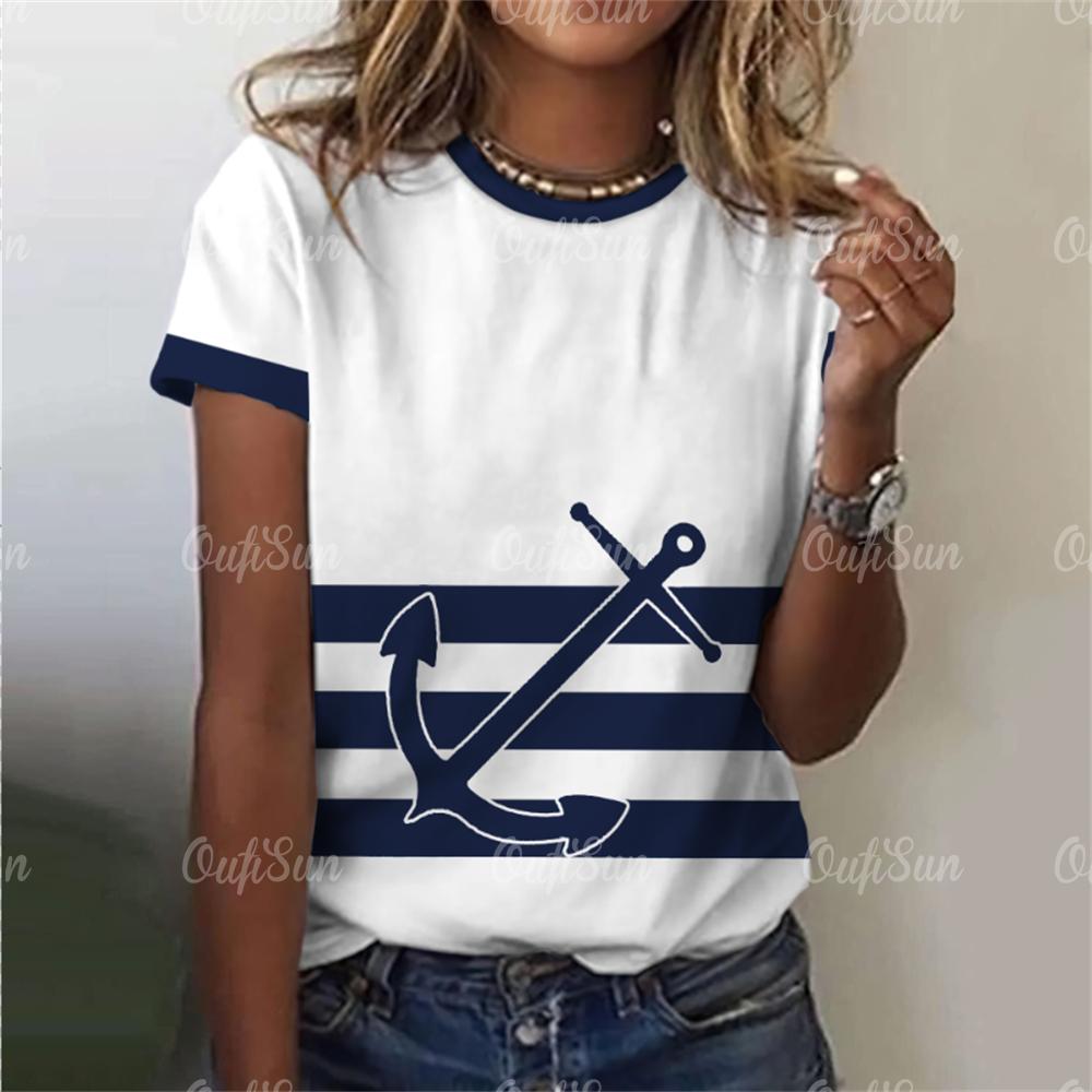 Женская футболка с принтом якоря, летние повседневные футболки с короткими рукавами и 3d футболками, уличная одежда, пуловер с круглым вырезом, женская одежда большого размера