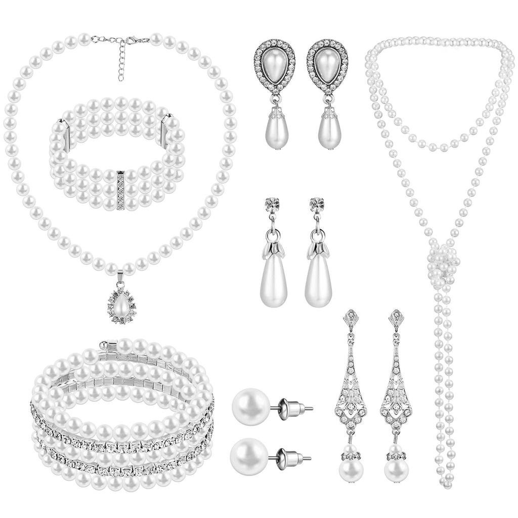 Vintage Elegance Pearl Chain Necklace and Earring Set , Light Rhinestone Jewelry for Women Daily Commute