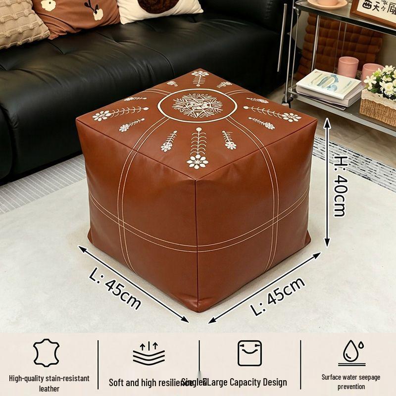 Leather Square Storage Ottoman - Faux Oil Wax Finish, Embroidered Design, Multipurpose Stool & Sofa Seat for Living Room.