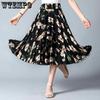 Summer Mid-length Floral Skirt Elastic Waist Loose Casual Ice Silk Chiffon Fabric Lightweight and Breathable Beach Dress