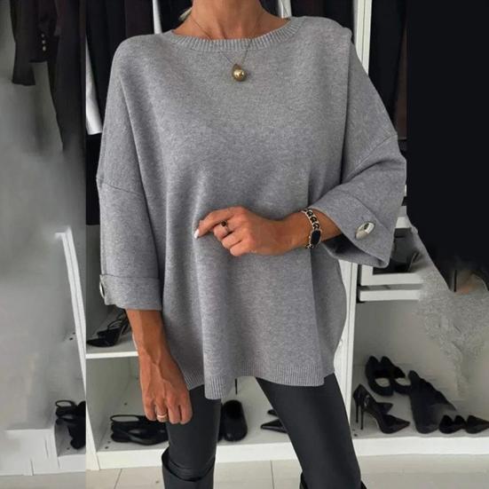 Женская рубашка с круглым вырезом, длинный рукав, повседневный свитер, куртка с яркими манжетами на пуговицах, свободный трикотажный топ для повседневной носки