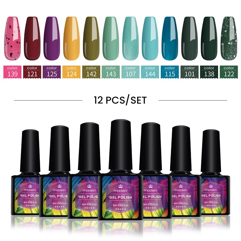 PHOENIXY Набор гель-лаков для ногтей, 12 цветов, набор геля для замачивания с чистым цветом для дизайна ногтей, стартовый набор для начинающих, сделай сам, дома