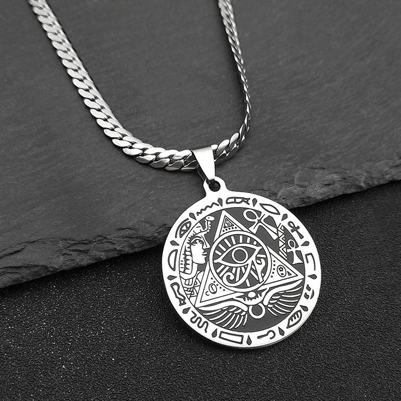 Egyptian Eye of Horus Anka Cross Amulet Medal Pendant Necklace for Women Men Stainless Steel Egyptian Culture Chain Jewelry
