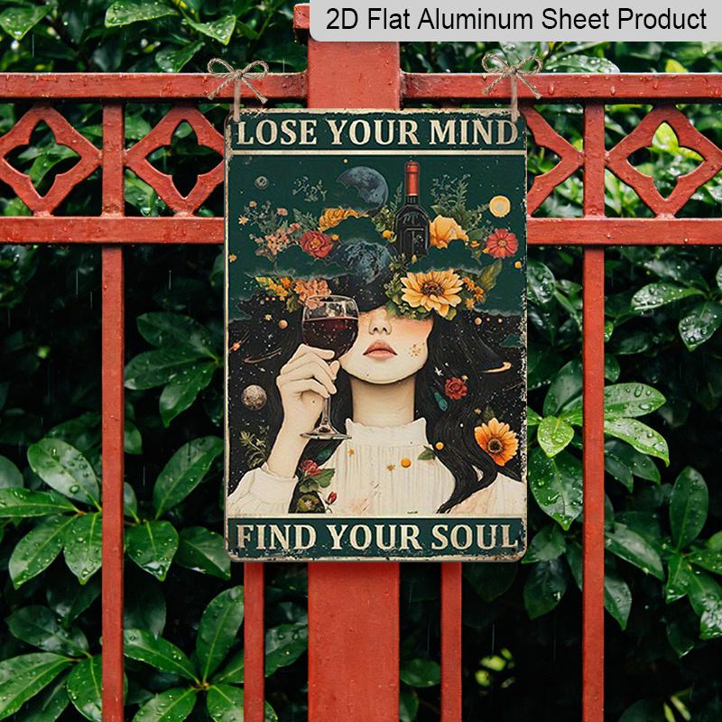 2D Flat Vintage Boho Aluminum Wall Art - "Lose Your Mind, Find Your Soul" Retro Sign with Cosmic & Floral Design, 7.87*11.8 Inch, Perfect for Home
