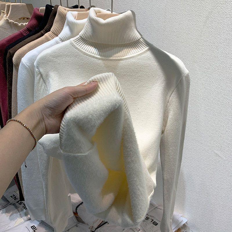 Womens Warm Knit Turtleneck Sweater With Fleece Lining Slim Fit Long Sleeve Top Winter
