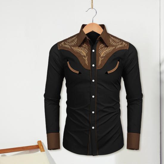 Men Spring Fall Shirt Loose Vintage Ethnic Style Print Color Matching Long Sleeve Lapel Single-breasted Mid Length Cardigan Men Top