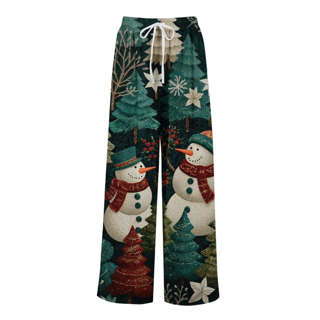 Ladies' Loose And Casual Christmas Printed Wide Leg Pants With Elastic Waistband Drawstring And Pocket Pants