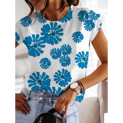Футболки с короткими рукавами и 3d синим цветочным принтом, топы с круглым вырезом, летние футболки с рисунком, свободные футболки Harajuku, топы, женские блузки