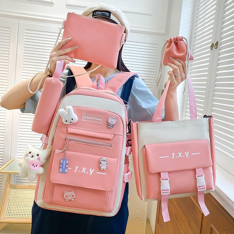 School Bag, Primary School, Junior High School, Multi-functional School Bag, Women's Large-capacity Backpack, Five-piece Set of Spine Protection