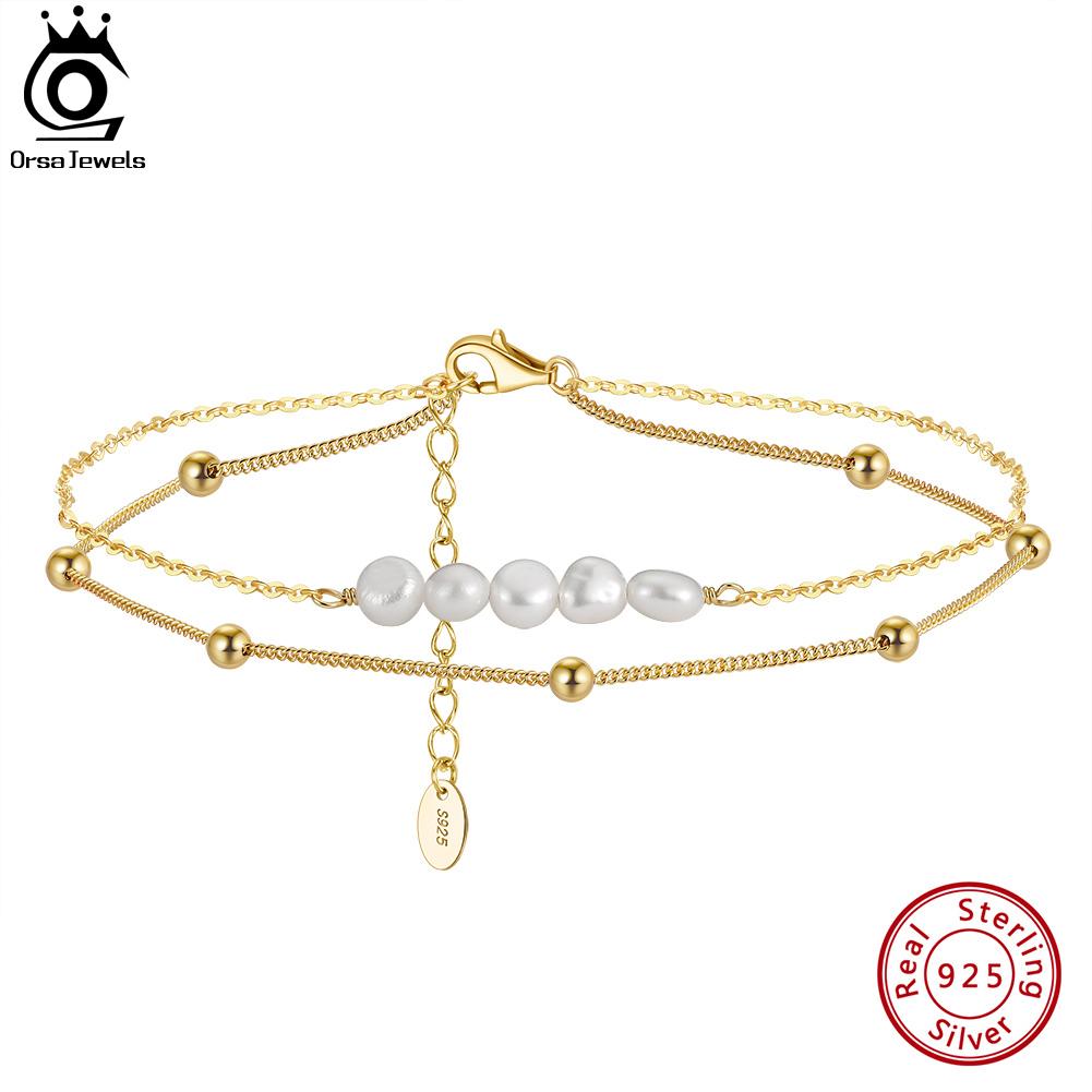ORSA JEWELS Многослойный браслет на лодыжку с цепочкой из натурального жемчуга для женщин и девушек, серебро 925 пробы, модный, летний, пляжный, браслеты на ногу, украшения SA50