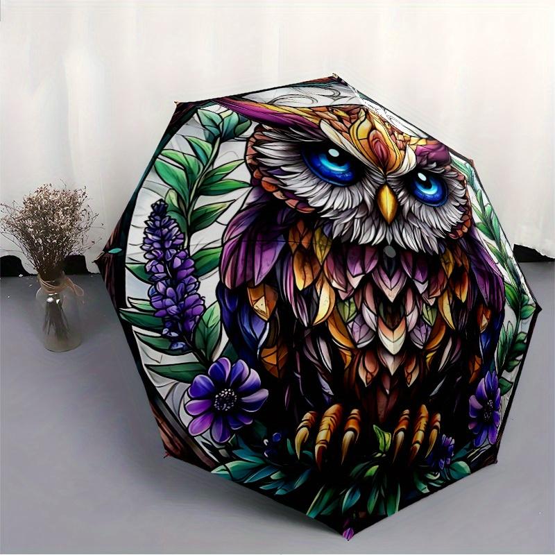 1pc Stained Glass Ow Automatic Folding Umbrella, Portable & Foldable Design with 8 Ribs, Casual Outdoor Accessory Halloween and Christmas gi