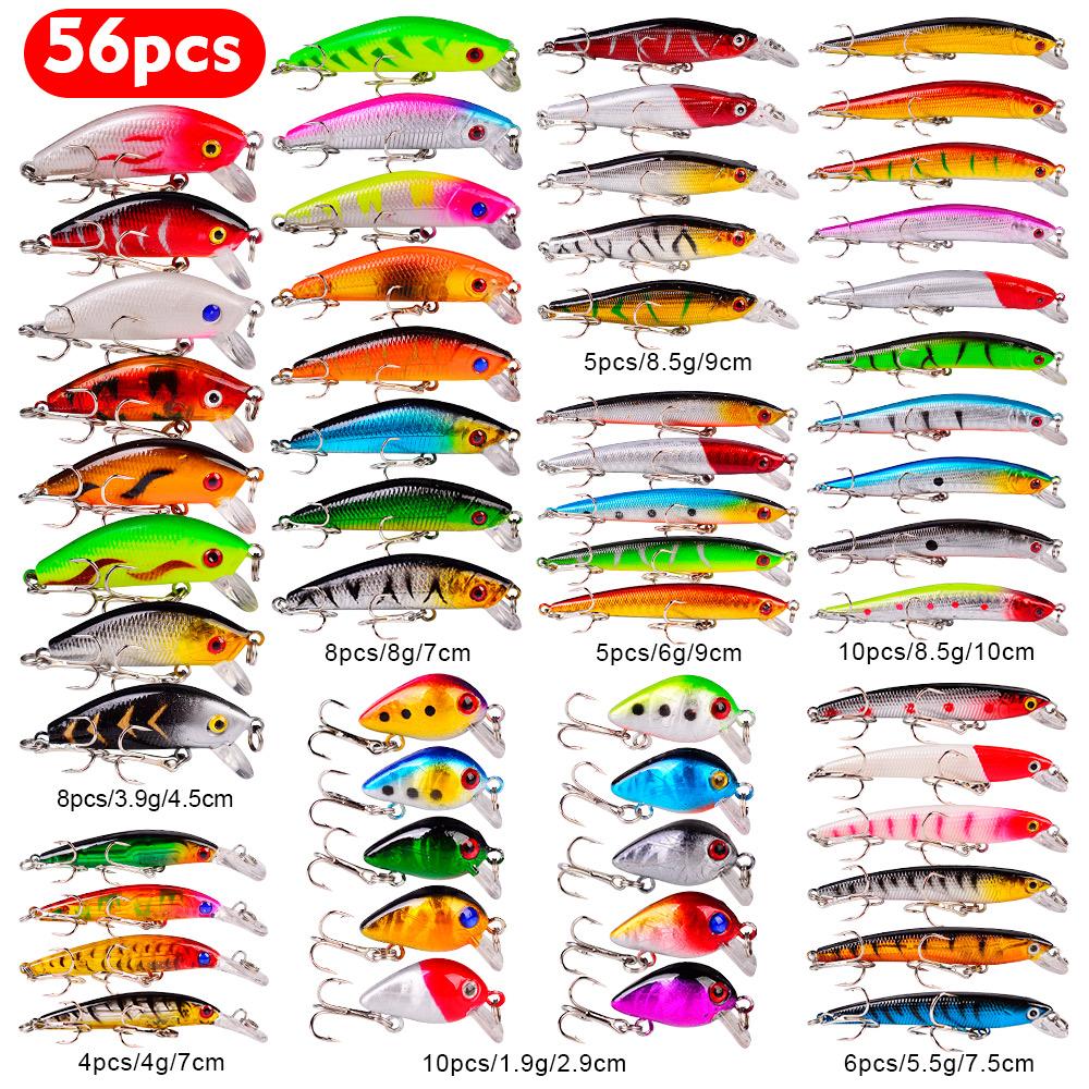 56pcs Artificial Fishing Lures Minnow Hard Bass Bait Floating Carp Lure Kits Peche Leurre Fish Bait Set