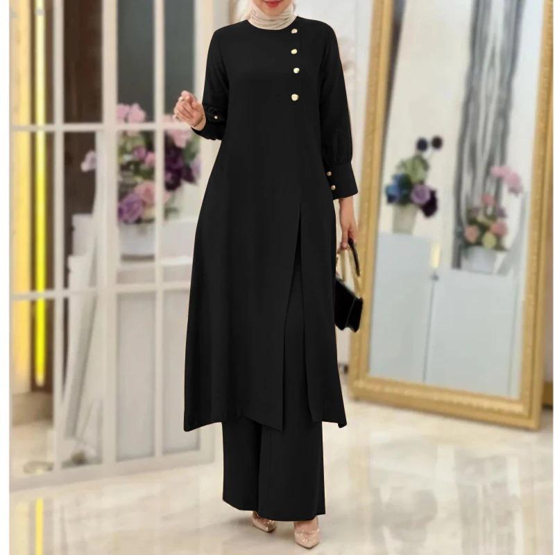 2024 Elegant Muslim Women's Two-Piece Set: Long Sleeve Shirt & Wide-Leg Pants with Side Slit