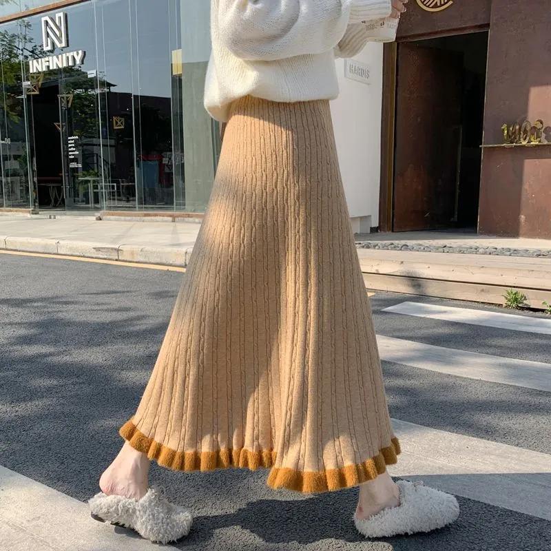 Korean Fashion Autumn Winter Women Warm Midi Knitting Skirt High Waist Black Gray Apricot Khaki Brown Knitted Ruffles Skirts