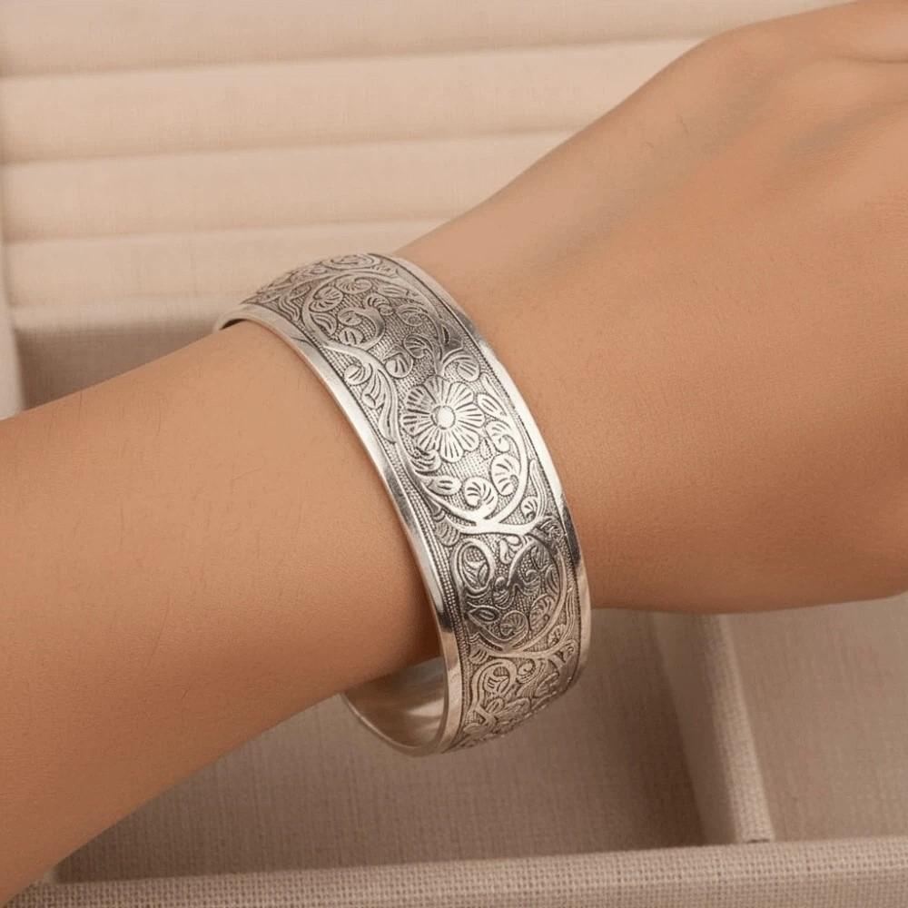 Vintage Carved Wide Bracelet Lotus Thai Wrist Jewelry Classical Silver Opening Bangle  Girls