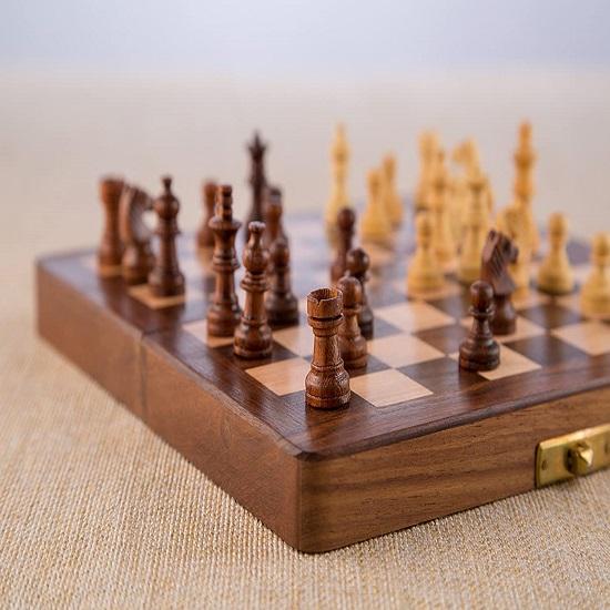 Wood Magnetic Chess Set with Folding Board and Chess Pieces Handmade Chess Board Set, Magnetic Chess Boards (7x7 In)