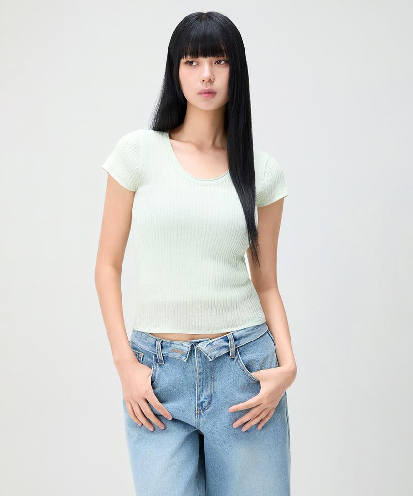 MIXXO Scoop Neck See-Through Short Sleeve Knit_Miwkag51Ss