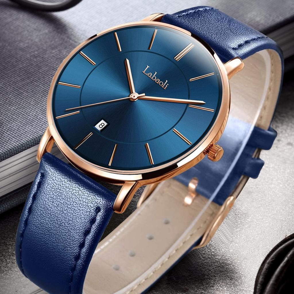 Ультратонкие простые модные повседневные деловые часы с японским кварцевым механизмом, циферблатом 40 мм, ремешком из натуральной кожи, ремешок унисекс, корпус из розового золота, синие мужские часы, толщина 6,5 мм