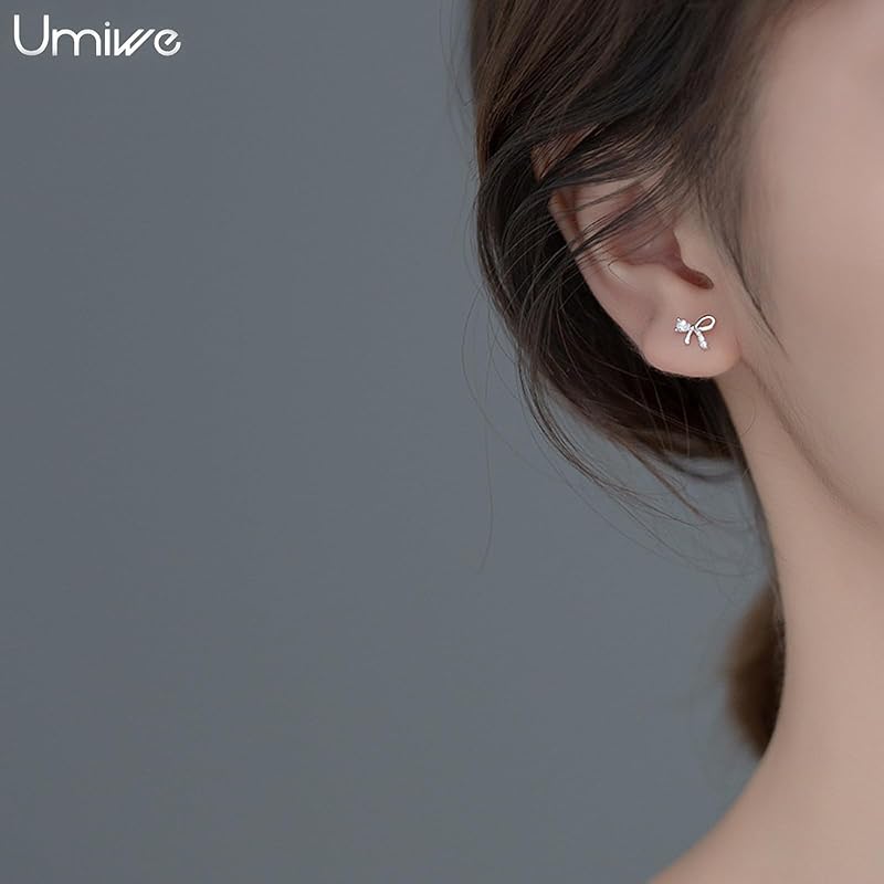 earrings Leave it on ladies second piercing S925 silver Compatible with metal allergies Smaller platinum plated both ears cute zircon ribbon earrings