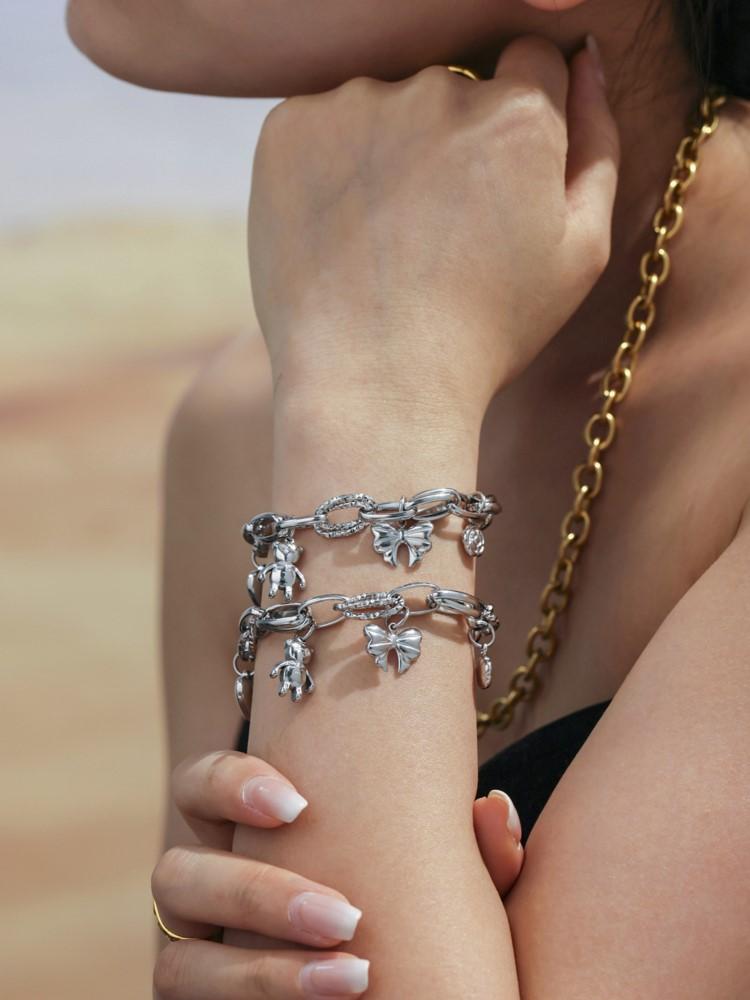 Браслет-цепочка из нержавеющей стали для женщин, с покрытием из 18-каратного золота, водонепроницаемый, не тускнеющий, с женскими шармами в виде сердца, медведя, цветка и банта