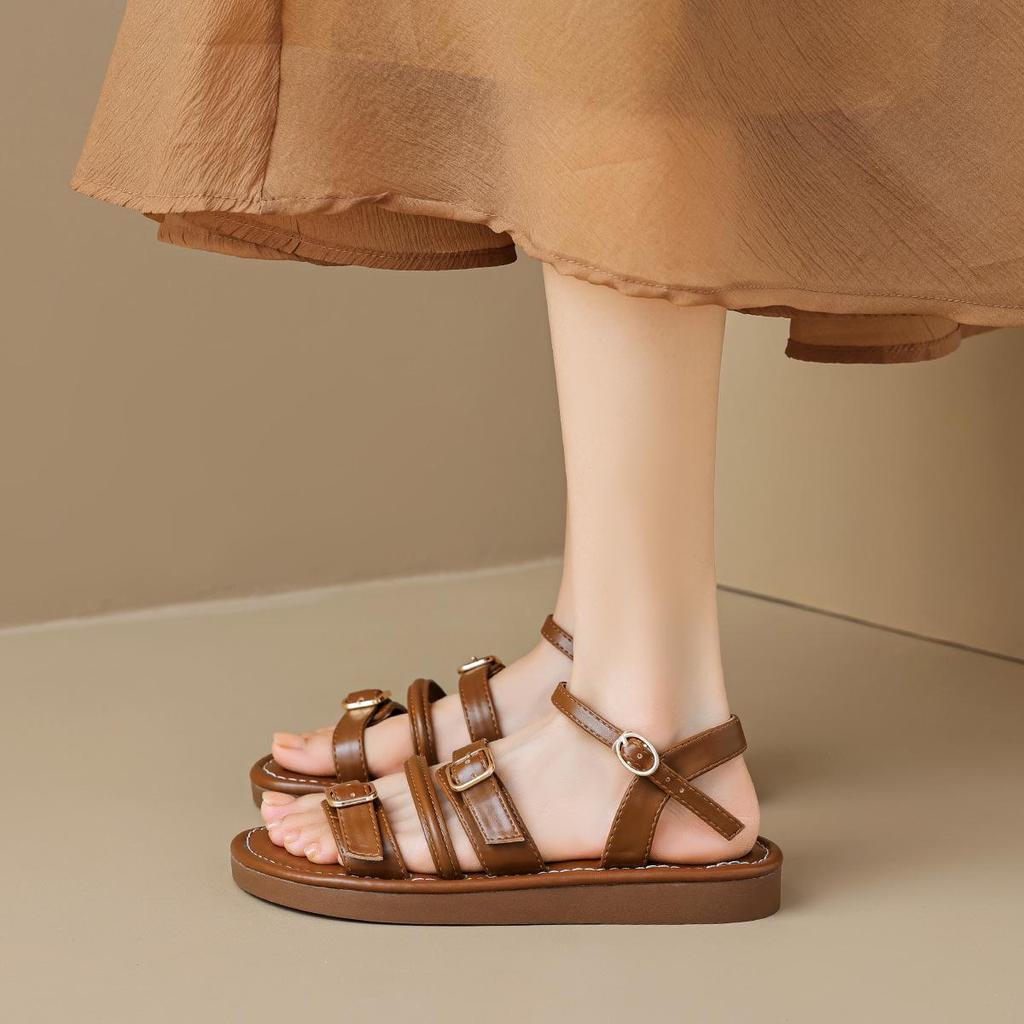 Weiwei Girl 020-1 French Style Flat Roman Sandals - Summer 2024 Women's One-Strap Shoes