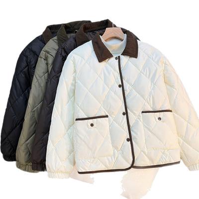 Новая зимняя хлопковая куртка в ромбовидную клетку, короткая, свободного кроя, модная, универсальная, с корейским лацканом, женская куртка