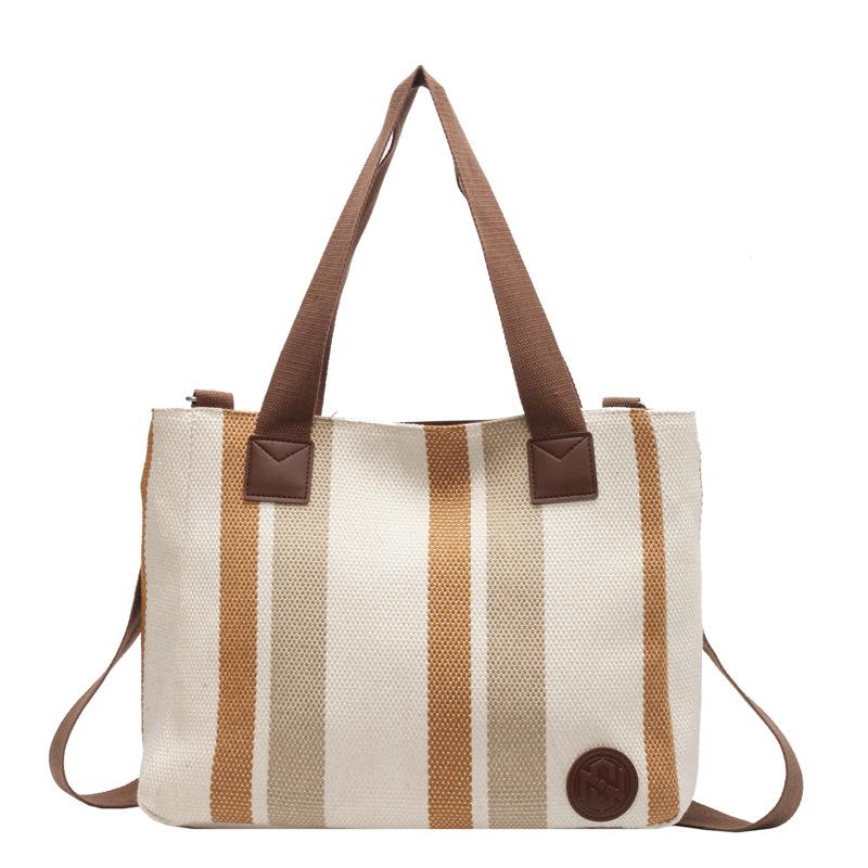Big Bag Women's 2025 New Fashion Striped Canvas Bag Foreign Style Portable Tote Bag Trendy Shoulder Messenger Bag