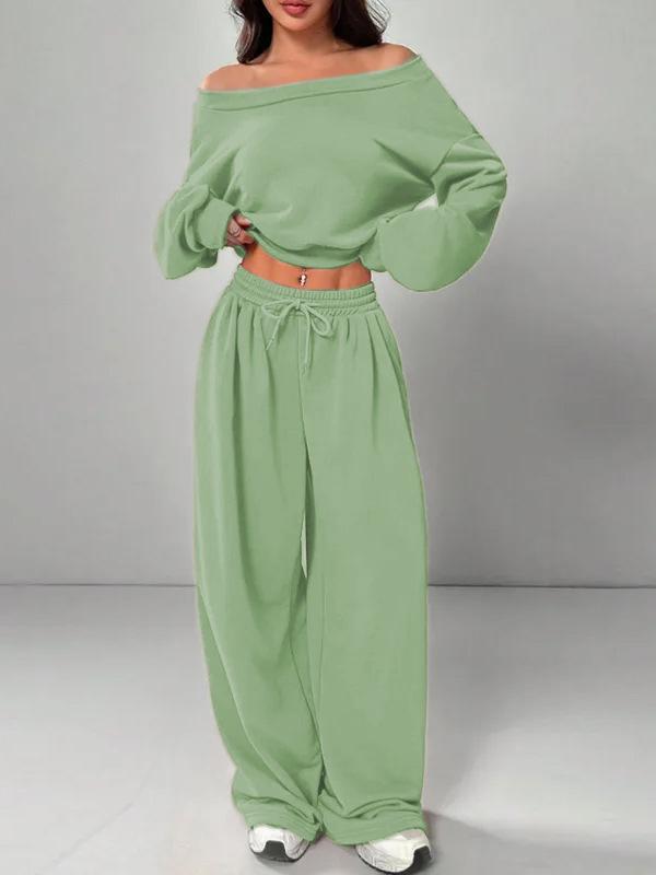 2025 Женский повседневный свитшот на одно плечо и вязаный комплект - Однотонный, Свободный крой, Варианты с коротким и длинным рукавом