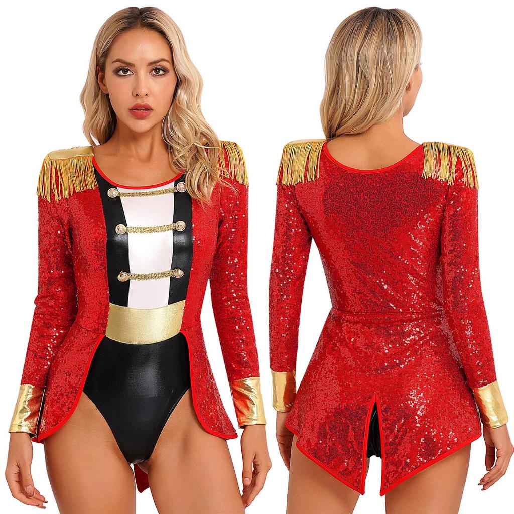 Womens Circus Ringmaster Cosplay Bodysuit Long Sleeve Allover Sequin Tail Jumpsuit Halloween Festival Costumes