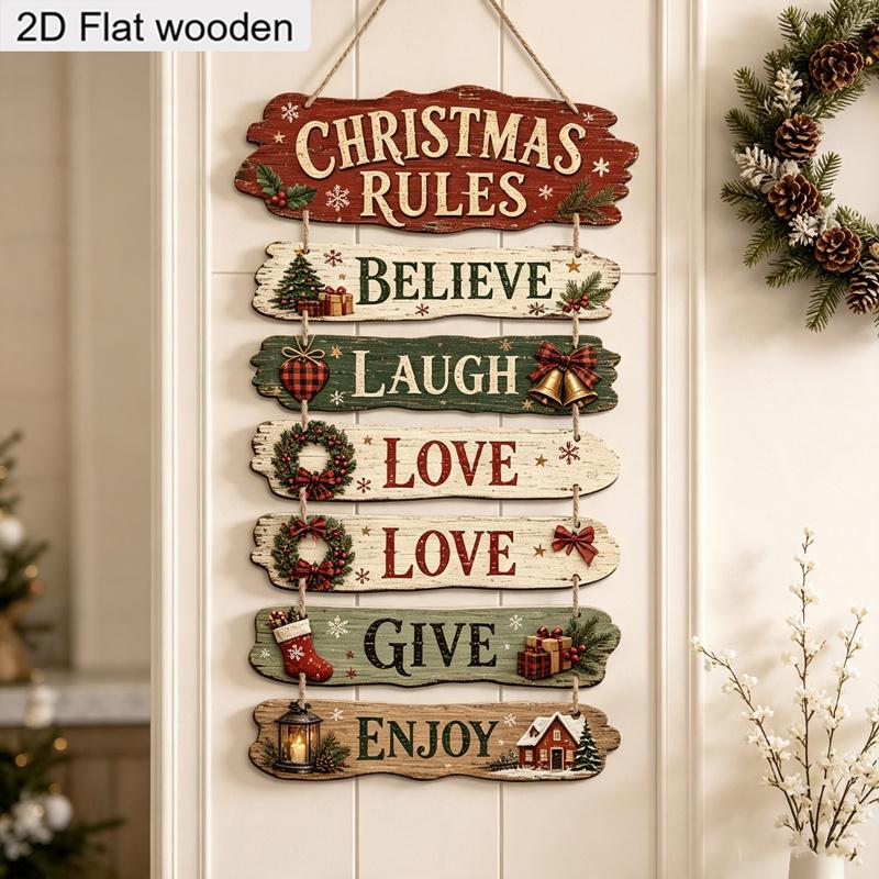 6pcs Wooden Christmas Hanging Decorations 2D Flat Irregular Shaped Holiday Wall Signs Believe Laugh Love Give Enjoy Home Porch Party Decor